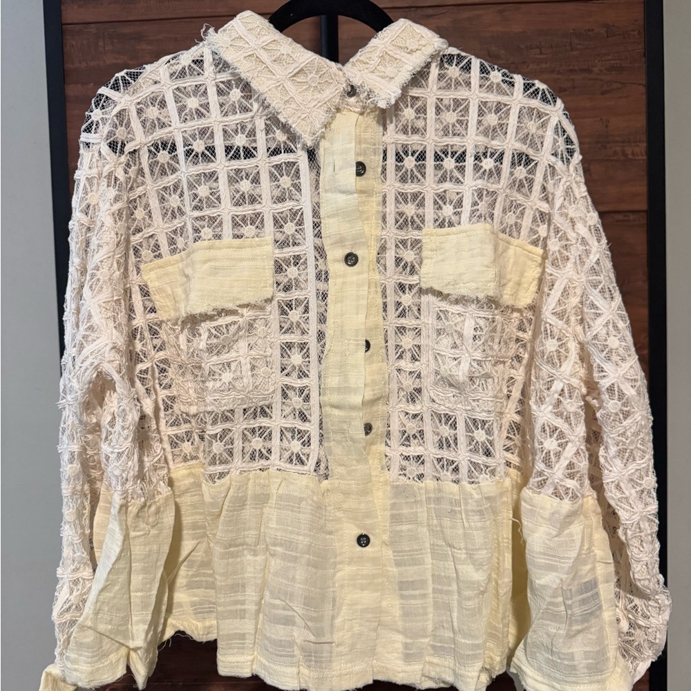 NWOT POL Lace Patchwork Button-Up Blouse